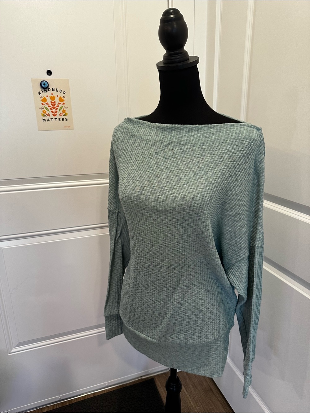 white birch Mint Green Off-The-Shoulder Waffle Knit Sweater